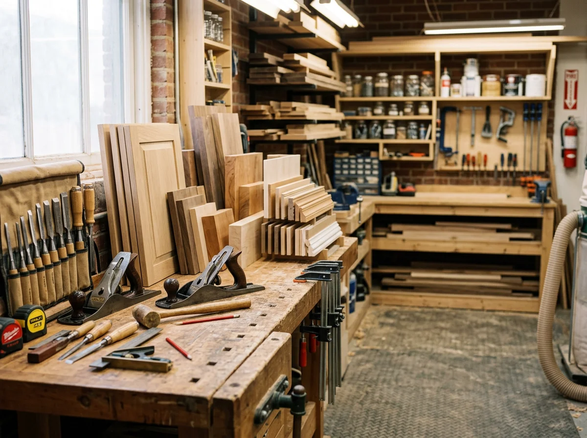 Carpentry workshop with hand tools, wood materials, and finished trim samples displayed on workbench.