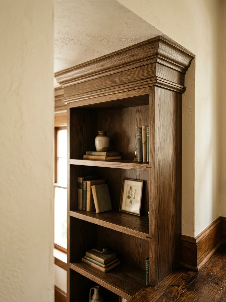 Custom built-in shelving unit with crown molding detail installed in a Charlotte bungalow, photographed in portrait orientation.