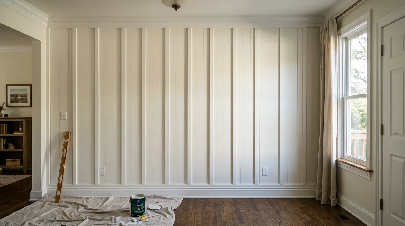 Board and batten accent wall with custom trim installed in a Charlotte, NC home interior, showing clean vertical lines and painted finish.