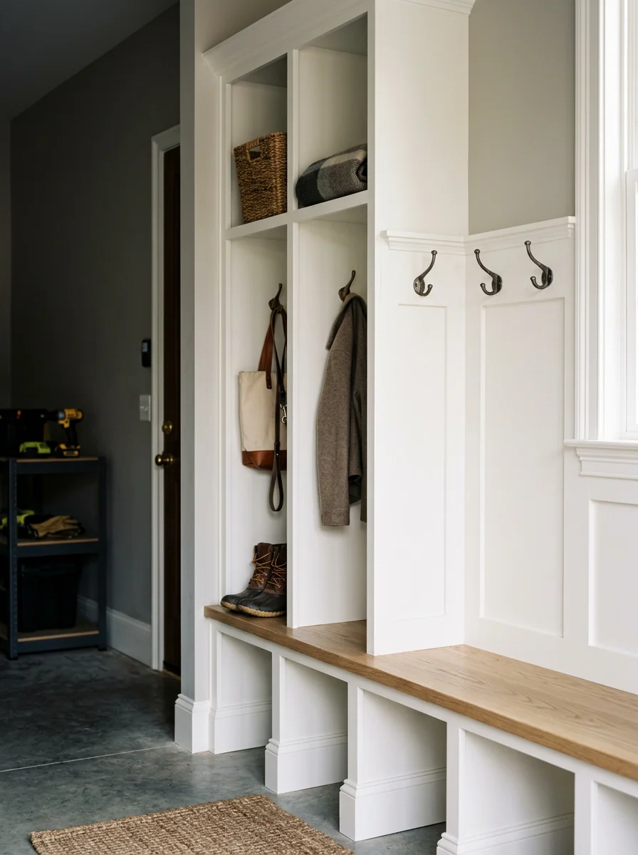 Mudroom built-in with bench, cubbies, and painted trim installed at the garage entry of a Huntersville, NC subdivision home.