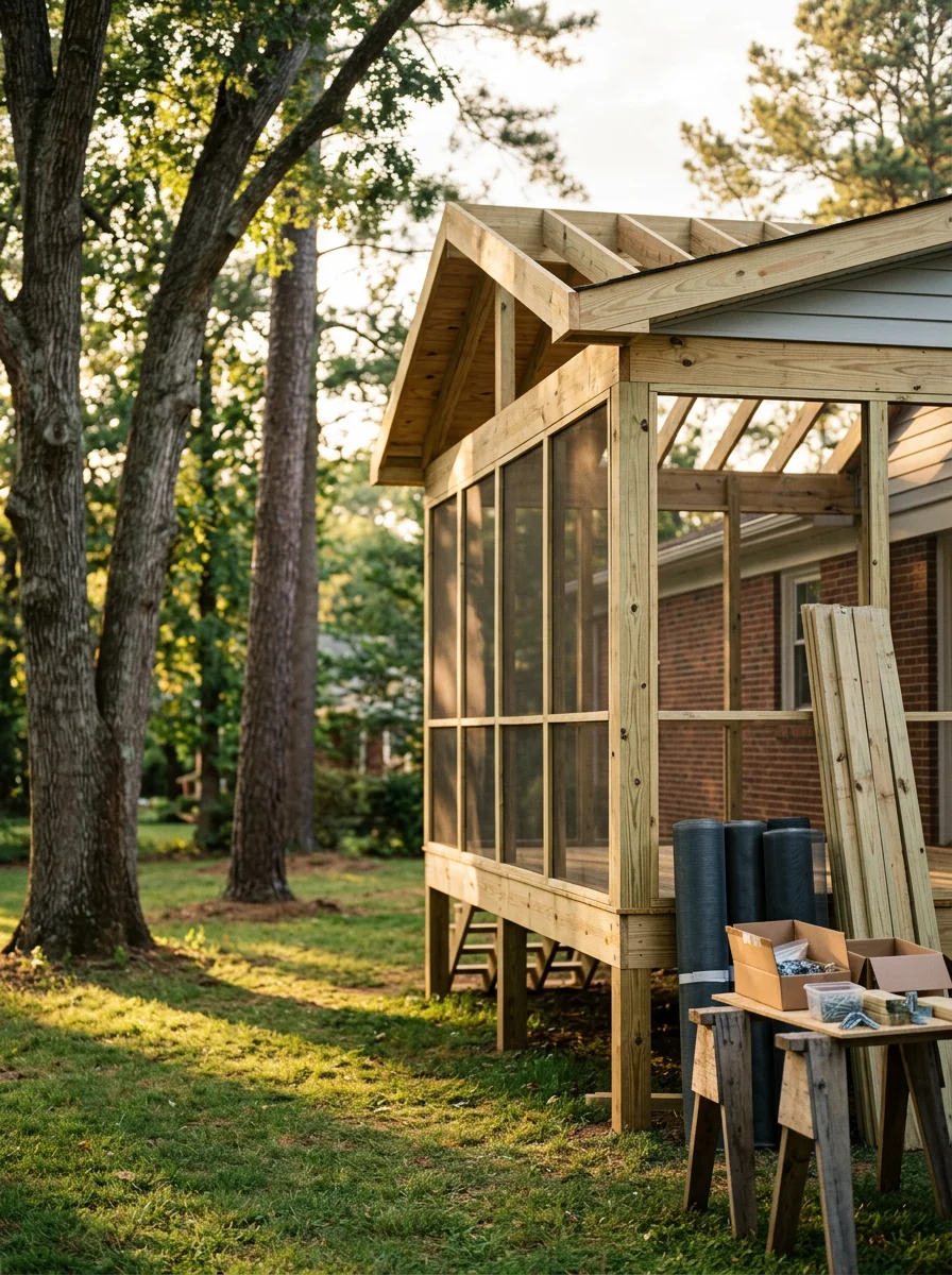 Screened porch addition with wood framing attached to the back of a Matthews, NC ranch home, surrounded by mature shade trees.