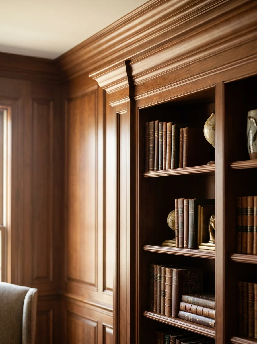 Custom built-in bookcase with crown molding detail filling a full wall in a Myers Park home library, shown in portrait format.