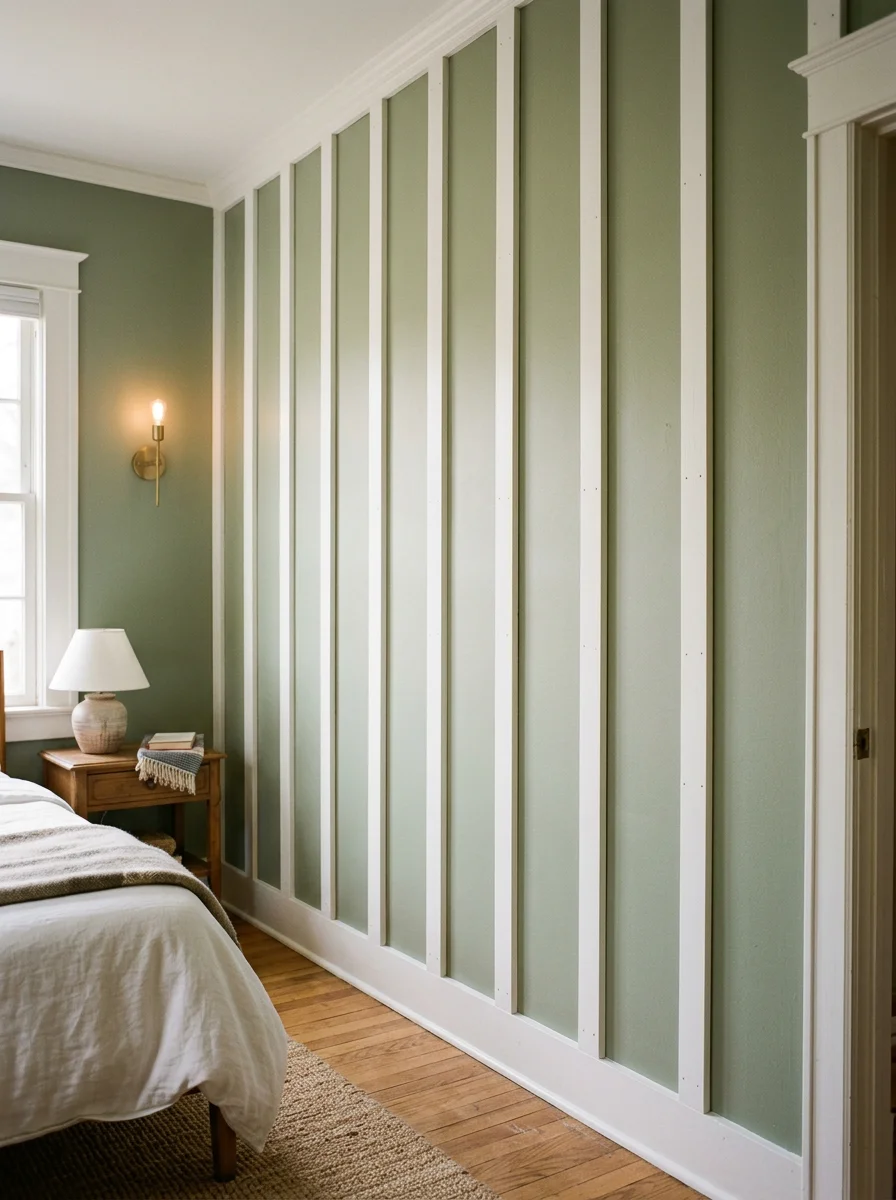 Board and batten accent wall in a narrow bungalow bedroom in Plaza Midwood, showing vertical battens painted white against a warm wall color.