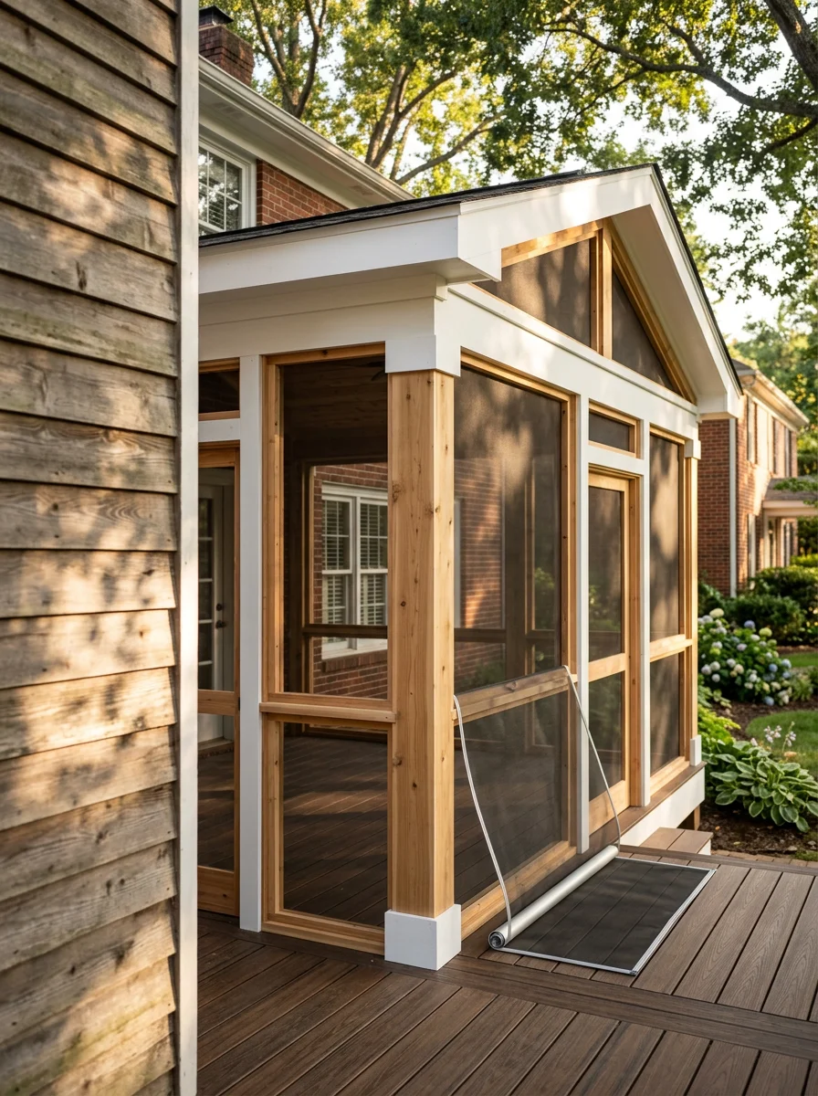 Screened porch addition with wood framing and painted trim attached to the back of a South Charlotte home, shown in portrait format.