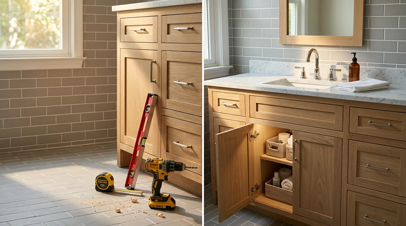 Newly installed custom bathroom vanity with wood cabinetry and under-sink storage in a Charlotte home. The cabinet doors and drawer fronts are finished to match the homeowner's selected style.