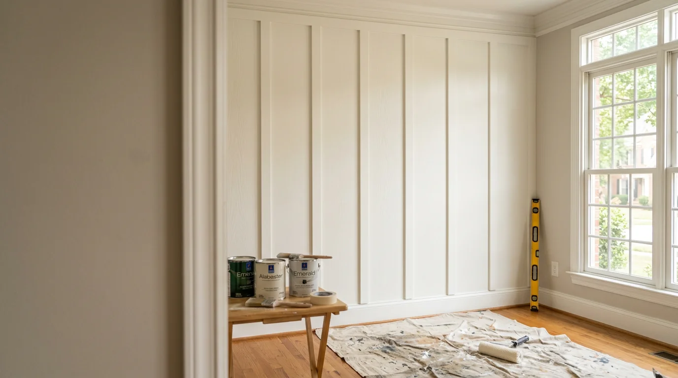 A freshly painted board and batten accent wall in a Charlotte home living room, showing evenly spaced vertical trim boards with a smooth painted finish. The wall runs floor to ceiling and anchors the room as a clean architectural focal point.