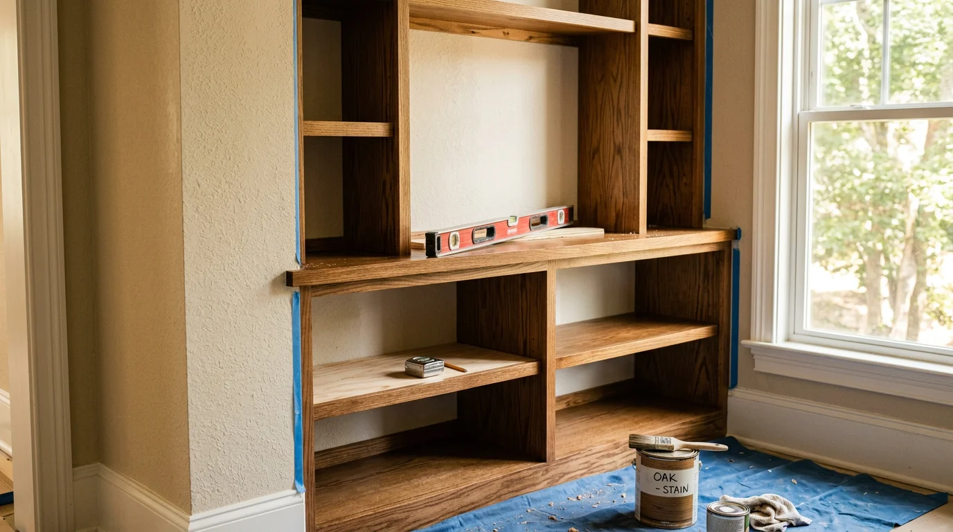 Custom built-in wood shelving unit installed floor to ceiling along a living room wall in a Charlotte home. The shelving features evenly spaced fixed and adjustable shelves with a clean painted finish matching the room's existing trim.
