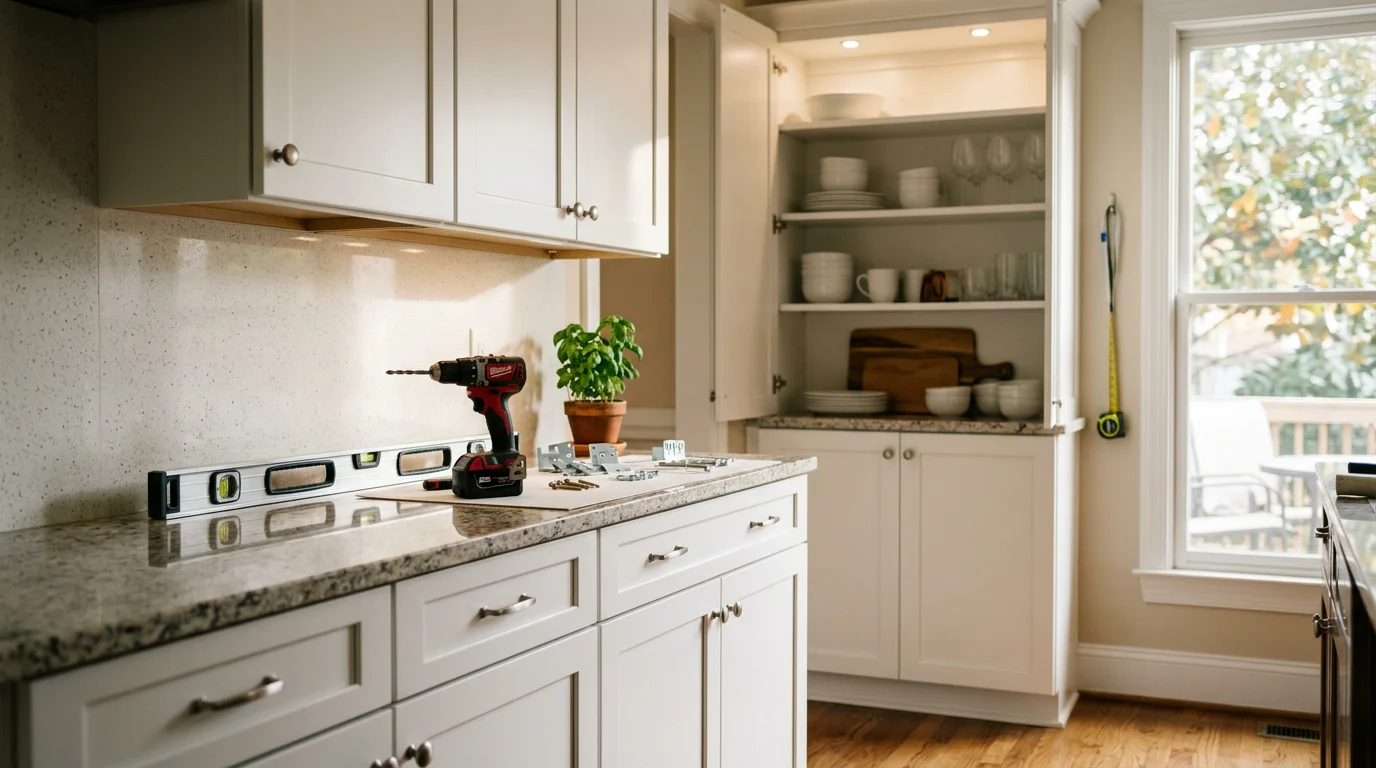 Newly installed custom wood cabinets in a Charlotte home kitchen, showing floor-to-ceiling cabinetry with aligned doors and a clean, finished look. The cabinets are fitted precisely to the wall space with consistent hardware throughout.
