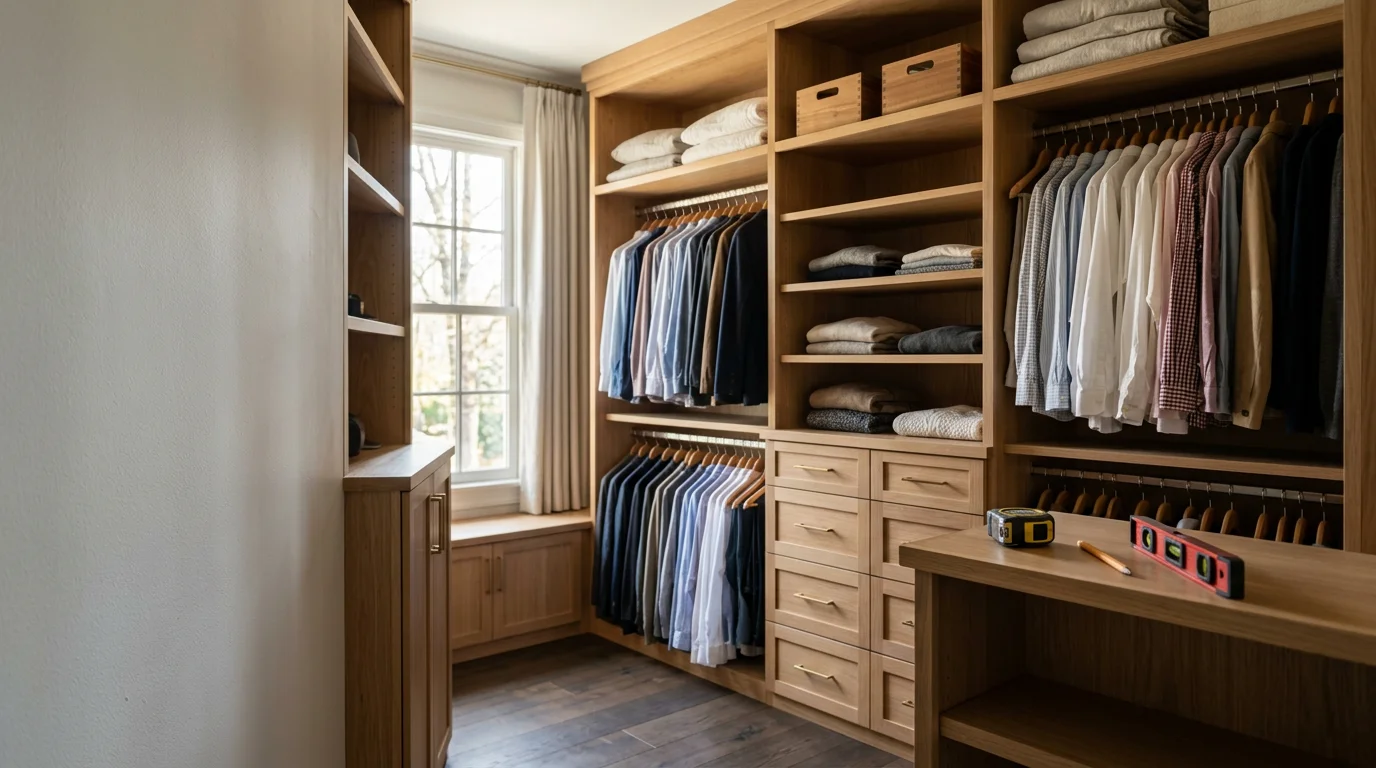 A custom-built mudroom in a Charlotte home featuring bench seating, individual cubbies, and coat hooks near the entry door. A second image shows a finished walk-in closet with floor-to-ceiling wood shelving and hanging rods built to fit the room's dimensions.