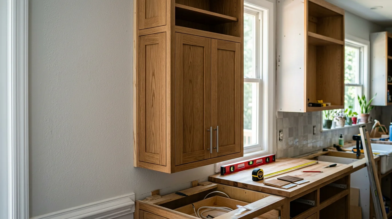 Newly installed custom kitchen cabinets in a Charlotte home, featuring floor-to-ceiling wood cabinetry with clean door profiles and organized interior storage. The cabinets are fitted precisely to the kitchen's wall dimensions with no gaps or filler panels.