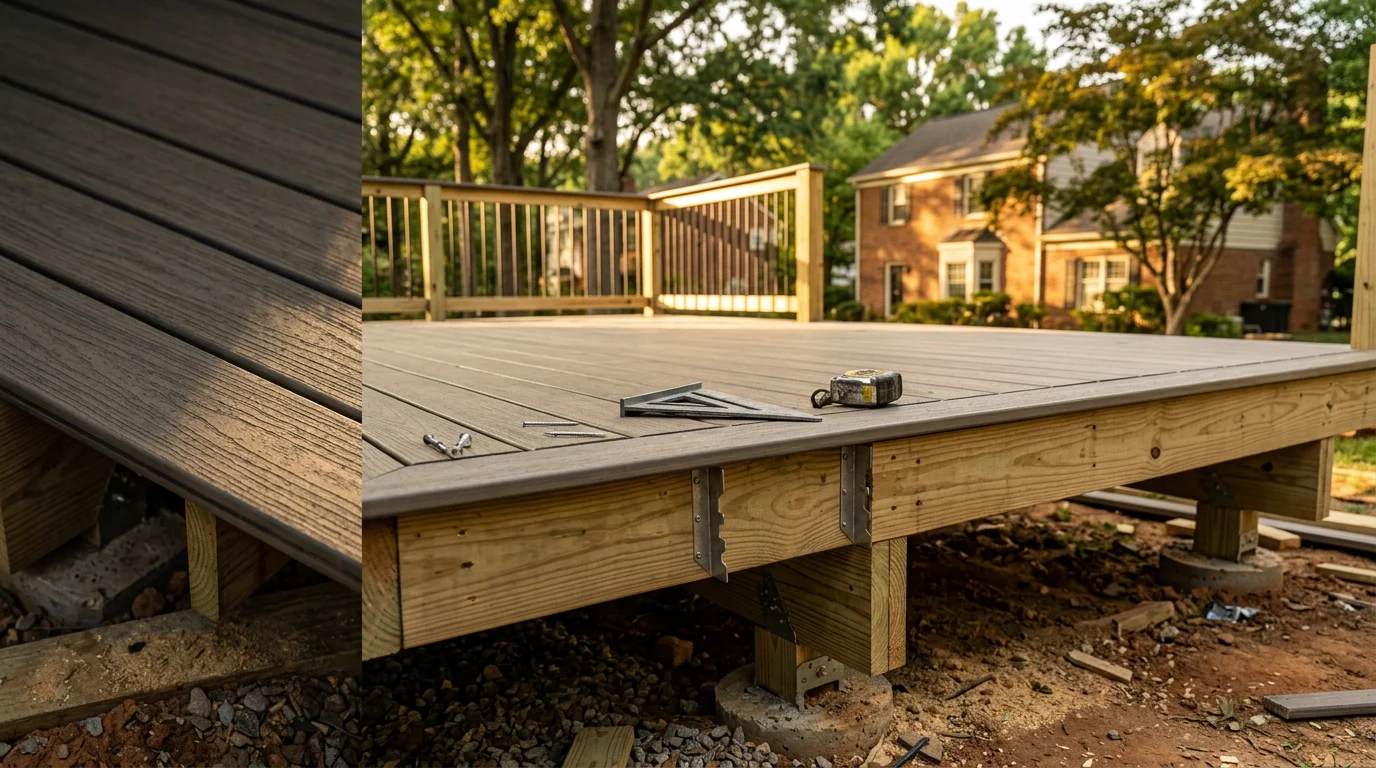 A newly built custom wood deck attached to a residential home in Charlotte, NC, featuring clean framing, a railed perimeter, and steps leading to a backyard lawn.