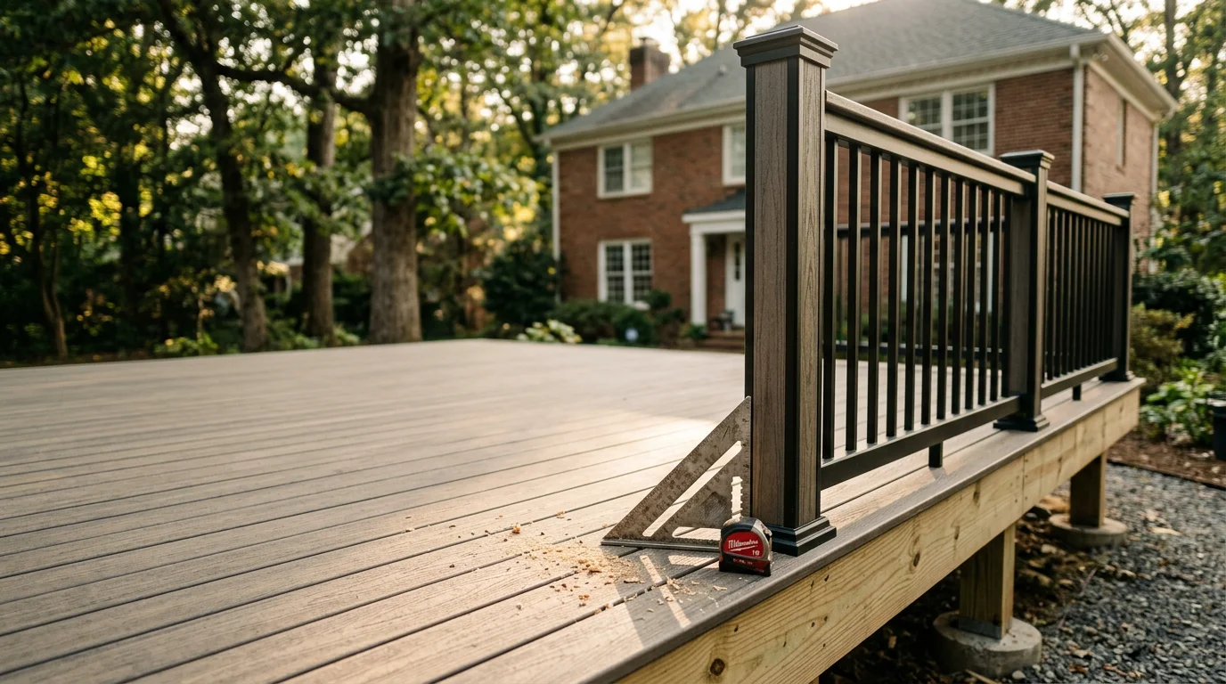A newly installed custom wood deck attached to the back of a Charlotte-area home, featuring clean board lines and a railed perimeter overlooking a residential backyard. The deck extends the home's living space with a level platform suited for outdoor seating and entertaining.