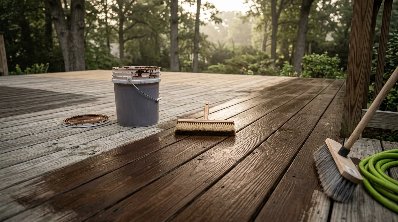 A freshly stained wood deck on a Charlotte-area home, showing even color and clean grain after professional finishing. The surface is smooth and free of gray weathering, with stain applied across deck boards and railings.