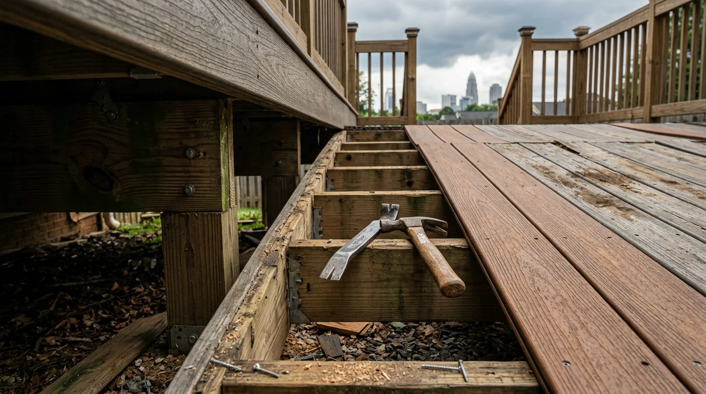 A repaired wood deck on a Charlotte home showing replaced boards, secure railings, and a clean surface ready for use. Close-up detail highlights tight fasteners and smooth, even decking after professional maintenance work.