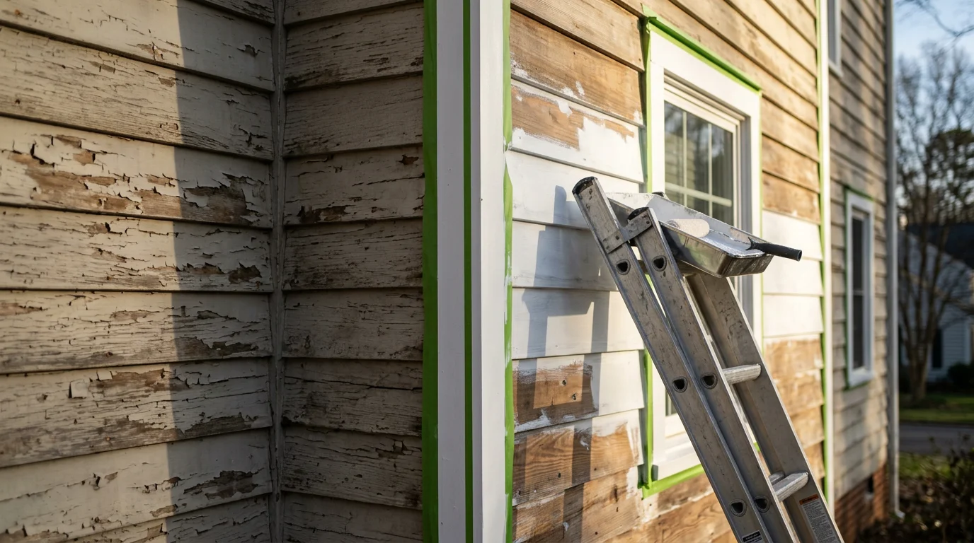 A freshly painted single-family home exterior in Charlotte, NC, with clean siding and trim showing an even, smooth finish. The painted surfaces reflect a color-matched result suited to the home's style and the surrounding neighborhood.