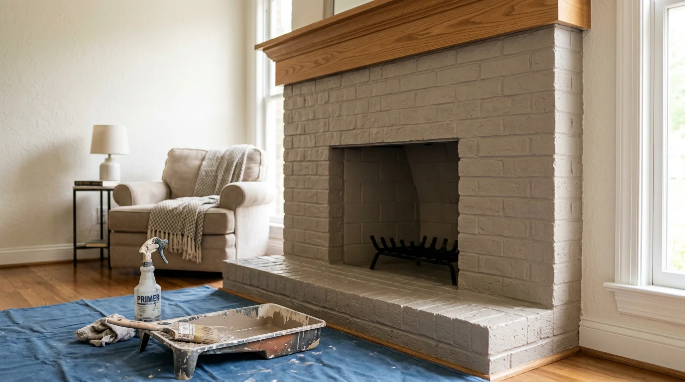 A freshly finished fireplace cover in a Charlotte living room, showing smooth, even paint coverage across the surround and mantel area. The finished surface is clean and consistent, with no visible soot staining or surface wear.