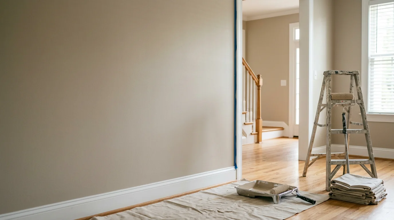 Freshly painted interior walls in a Charlotte home showing smooth, even coverage in a neutral tone. A clean living room with protected hardwood floors and no visible brush marks or lap lines.