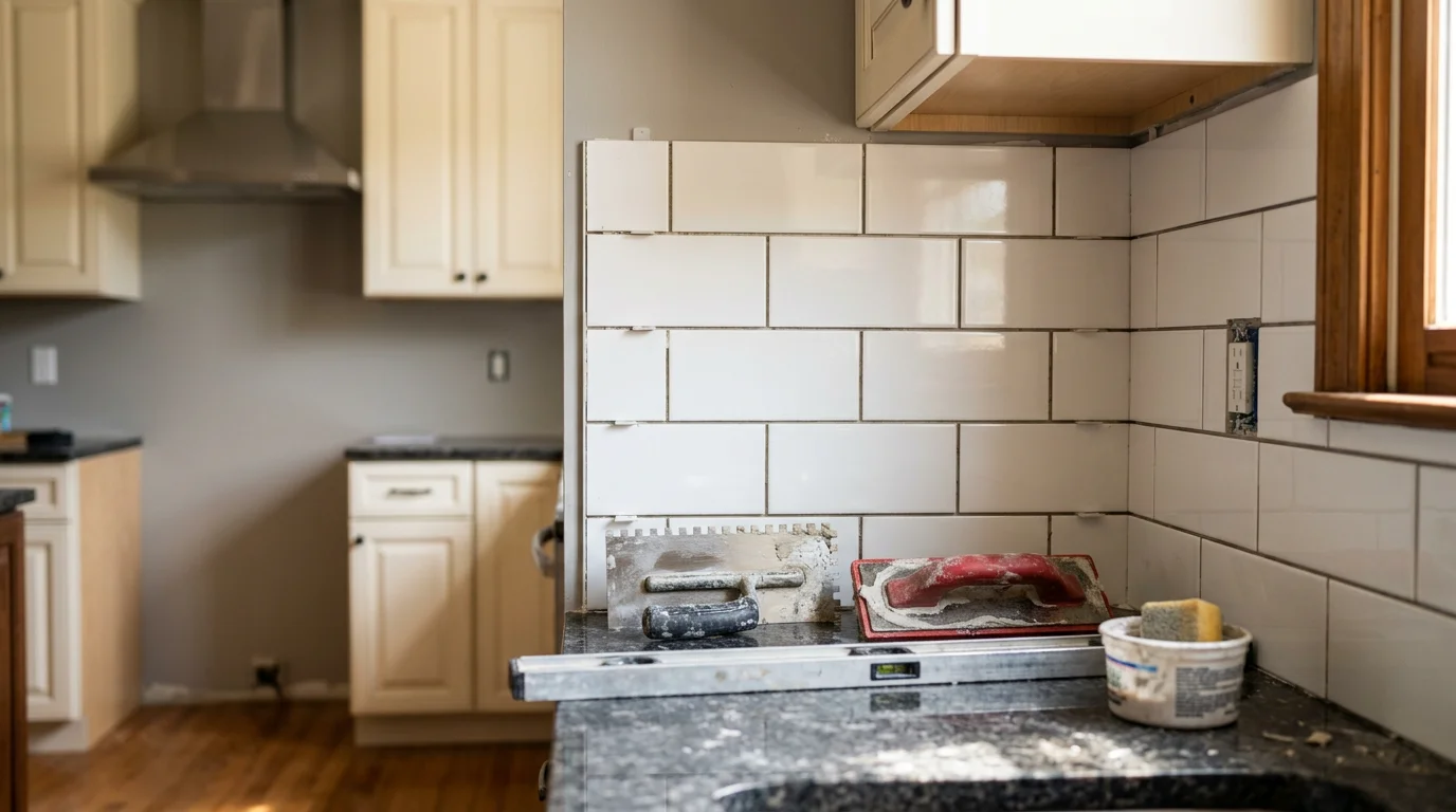 Freshly installed kitchen backsplash in a Charlotte home, showing clean tile lines running behind the countertop and coordinating with the surrounding cabinetry. Close-up view highlights precise grout joints and a smooth, finished surface.