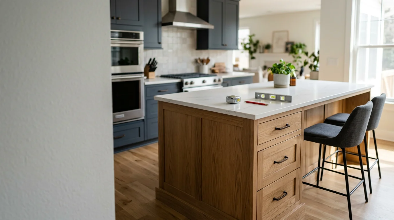 A custom wood kitchen island installed in a Charlotte home, featuring cabinet storage on both sides and a clean countertop surface with a seating overhang on one end. The island finish contrasts with the surrounding wall cabinets, creating a defined focal point in the open-plan kitchen.