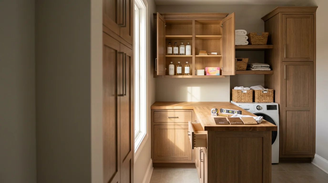 Custom wood laundry room storage cabinets installed floor-to-ceiling in a Charlotte home, with upper cabinets above the washer and dryer and a built-in folding counter along the base. The finished cabinetry keeps supplies organized and the room free of clutter.