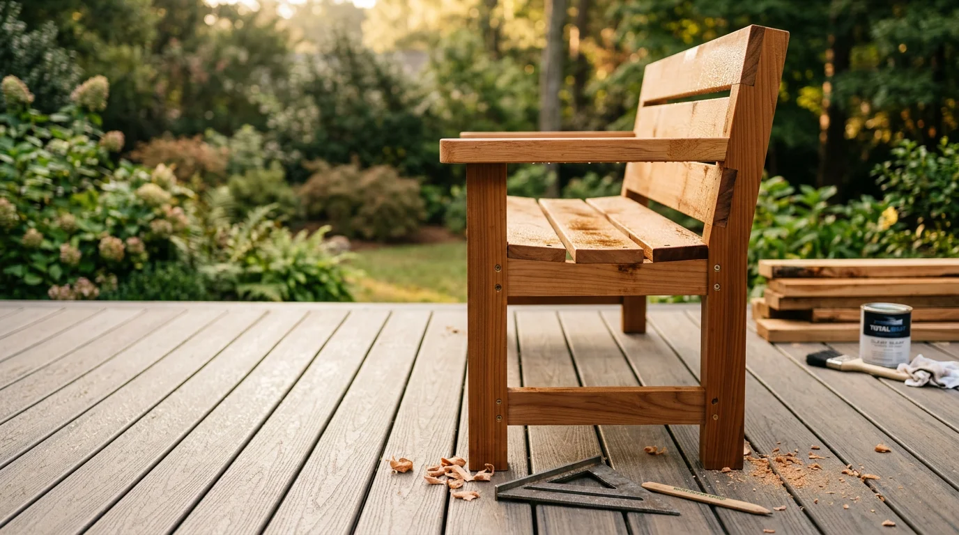 Custom built-in wood bench seating installed along the edge of a residential deck in Charlotte, NC. The bench wraps a deck corner with clean joinery and a natural wood finish suited to the surrounding backyard.