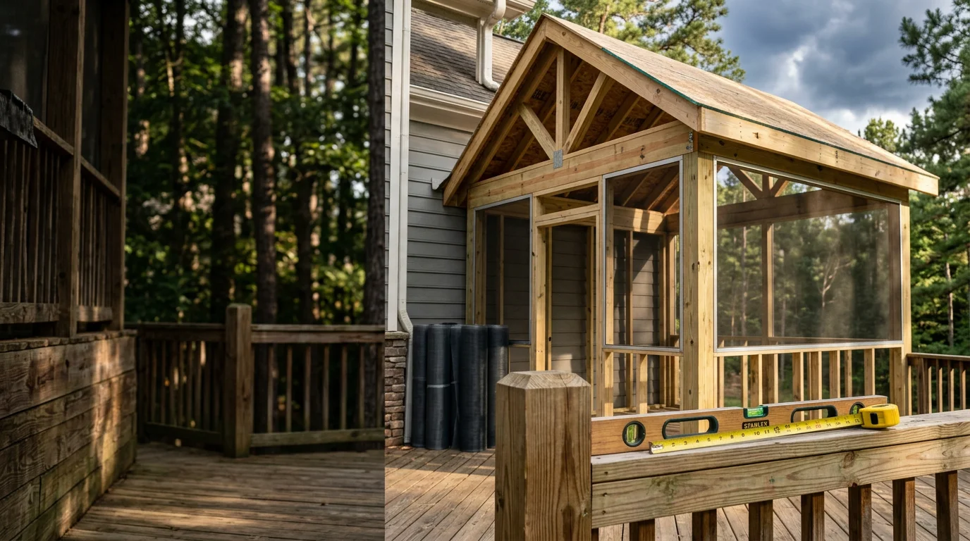 A newly installed screened porch on a Charlotte home, featuring a wood-framed screen enclosure with a solid roof and open views of the backyard. The structure sits flush with the home's exterior and shows clean framing and full screen panels on all sides.