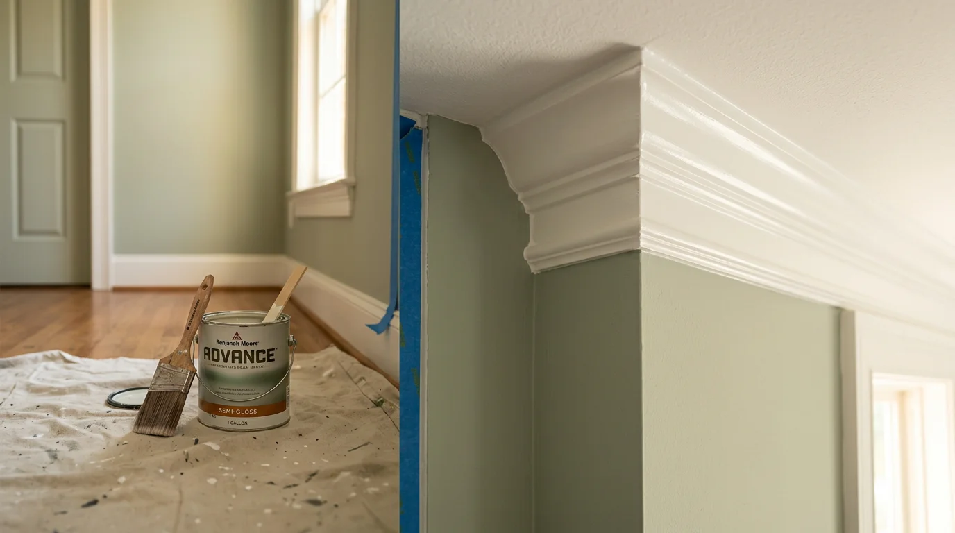 Freshly painted white crown molding and baseboards in a Charlotte home interior, with clean lines where the trim meets the wall and ceiling. Close-up view shows smooth, even coverage across the molding profile with no brush marks or gaps at the caulk line.