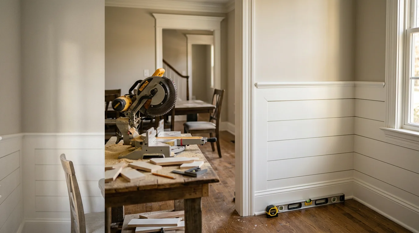 Freshly installed raised-panel wainscoting and painted door casing in a Charlotte home dining room. White trim panels run halfway up the wall with a chair rail capping the top edge.